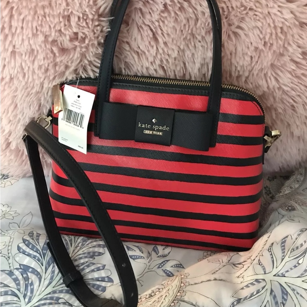 Kate Spade Julia Street Stripe Maise Handbag Purse Rich Navy and Red Stripe NWT